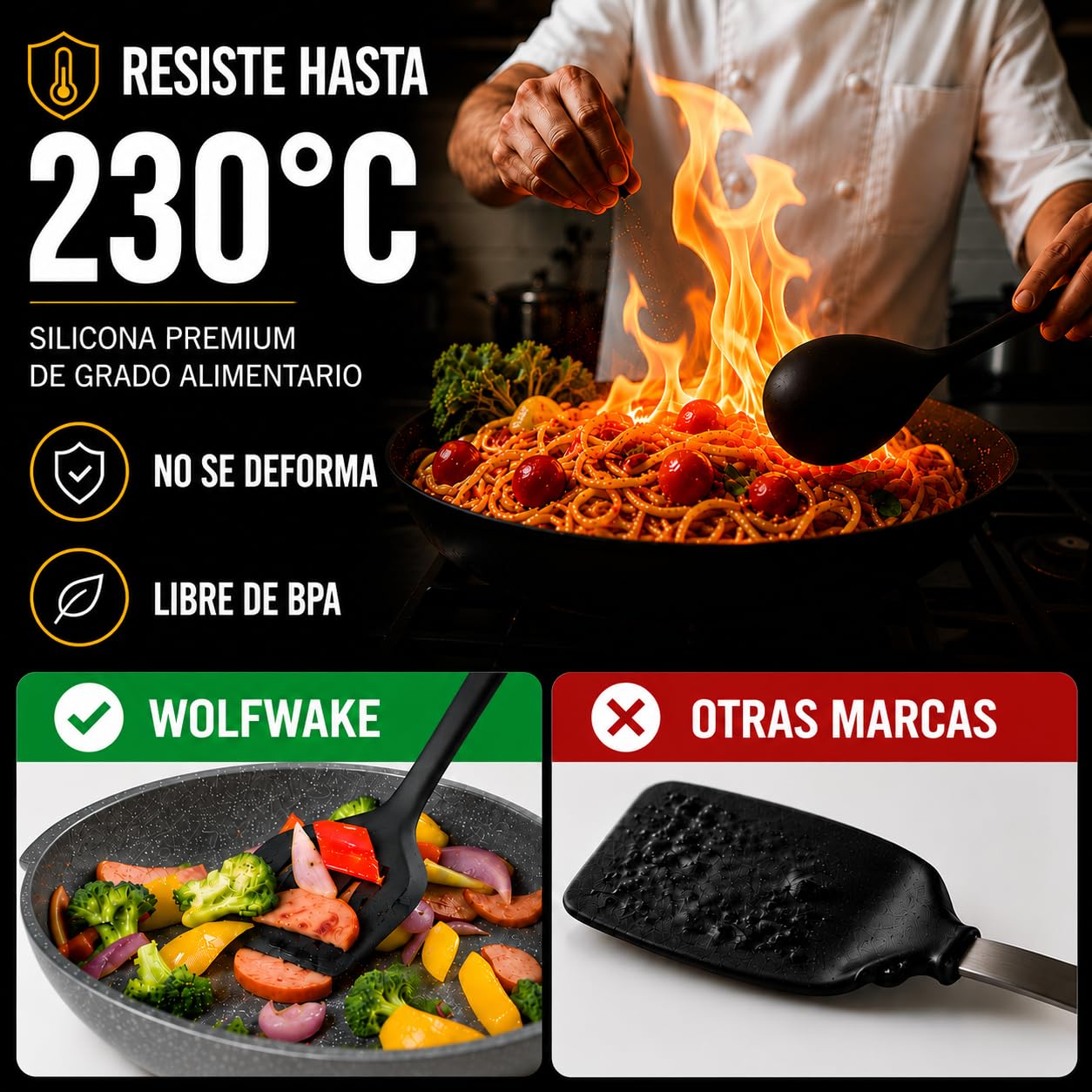 WOLFWAKE 13 Piezas Utensilios de Cocina de Silicona - Menaje de Cocina, Paletas de Cocina, Cucharones de Cocina, Pinzas de Cocina, Bote Utensilios Cocina, Resistentes al Calor y Antiadherente (Negro)
