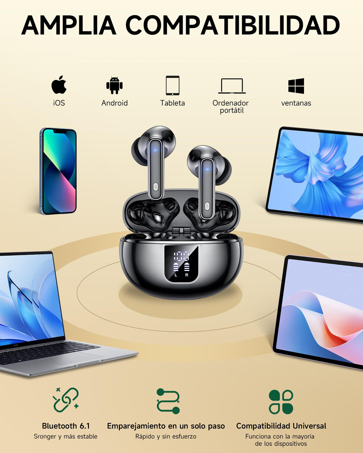 EUQQ Auriculares Inalambricos Bluetooth 6.1, Ajuste Cómodo, 6 mics ENC, 36H