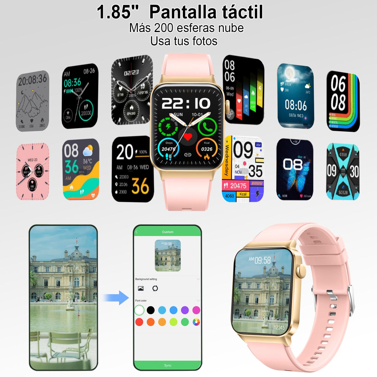 Reloj Inteligente Mujer, 1,85" HD, Llamadas Bluetooth, SpO2, IP68, Sueño