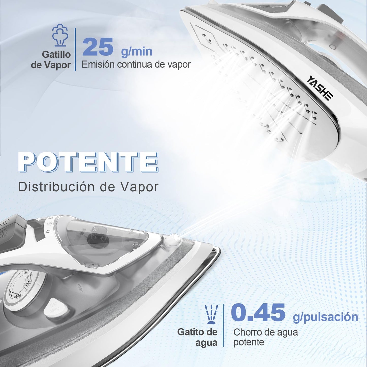Plancha Vapor de 2300 W con Suela Antiadherente de Calentamiento Rápido, Depósito de Agua de 300ml, Vapor Continuo 25 g/min, Golpe de Vapor 150 g/min, Autolimpieza, Antical y Antigoteo Plancha de Ropa