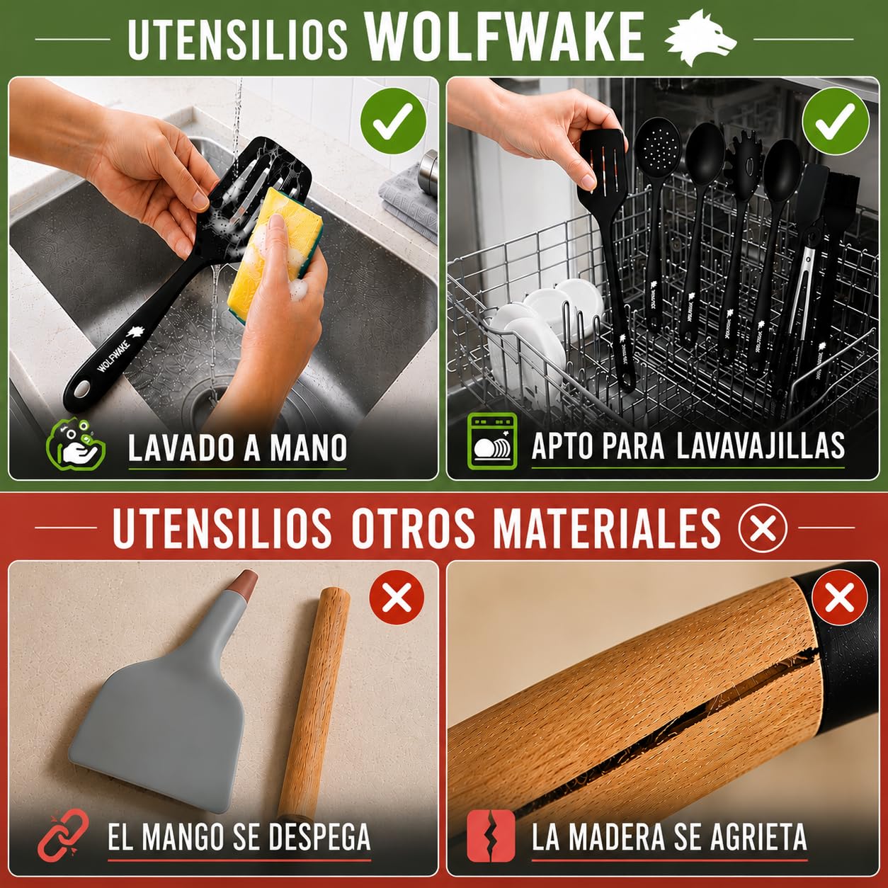 WOLFWAKE 13 Piezas Utensilios de Cocina de Silicona - Menaje de Cocina, Paletas de Cocina, Cucharones de Cocina, Pinzas de Cocina, Bote Utensilios Cocina, Resistentes al Calor y Antiadherente (Negro)