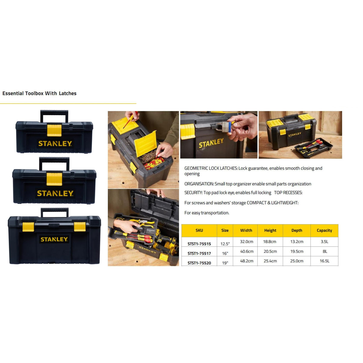 STANLEY Caja de herramientas de plástico con cierre de plástico, 40,6 x 20,5 x 19,5 cm, asa ergonómica, organizadores en la tapa, bandeja interior extraíble, orificio para candado, STST1-75517