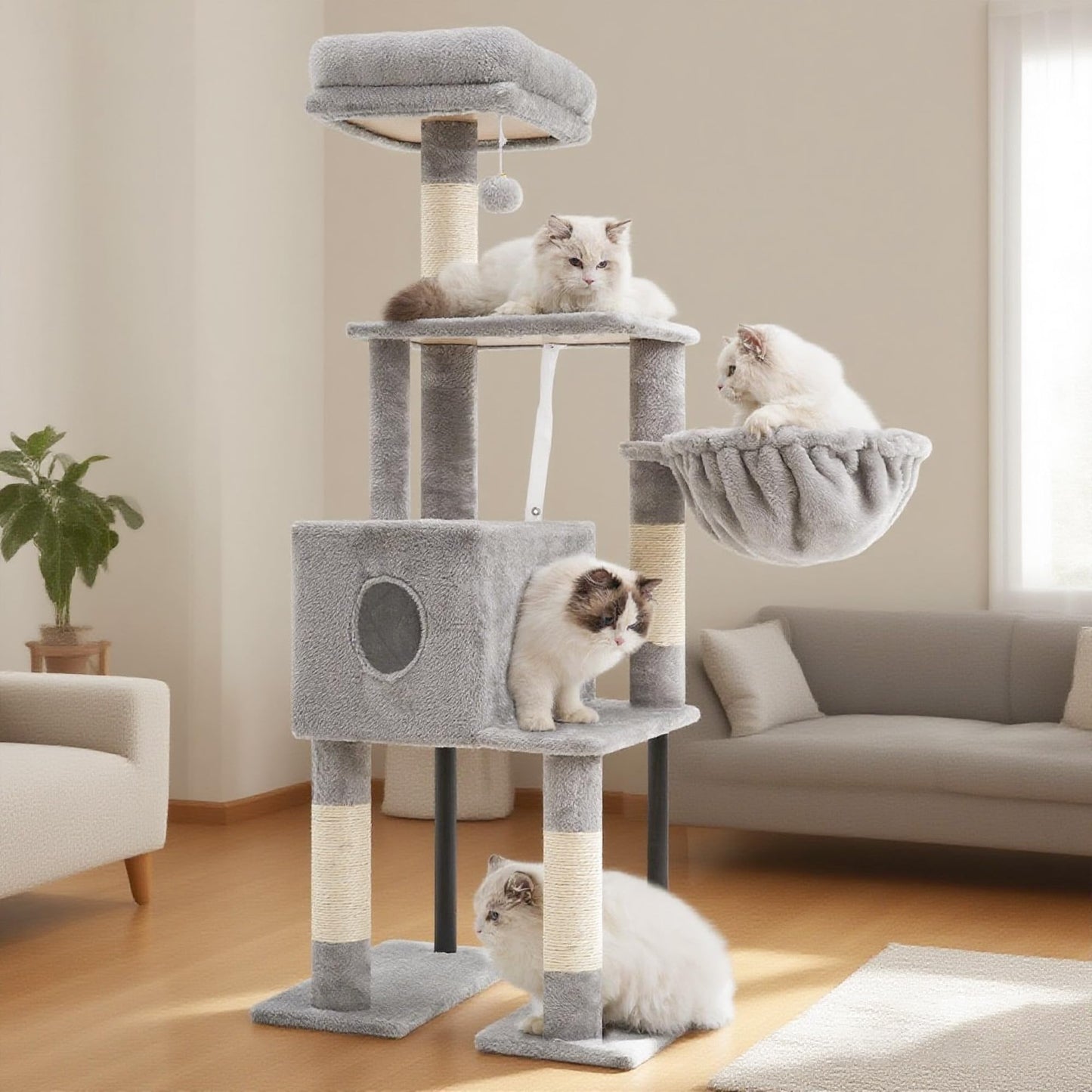 Heybly Rascador para Gatos, Árbol para Gatos De 125 Cm, Torre De Gato Espaciosa Y Cómoda con Guarida, Dos Grandes Plataformas, Cesta, Robustos Tubos De Acero, Gris Claro HCT200SW-