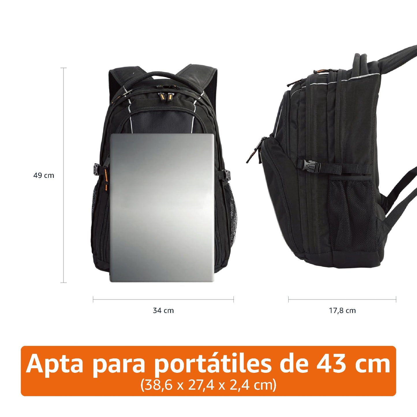 Amazon Basics Mochila, compatible con la mayoría de los ordenadores portátiles de 43.2cm, con tirantes acolchados y compartimentos de almacenamiento para bolígrafos, llaves y teléfono móvil, Negro