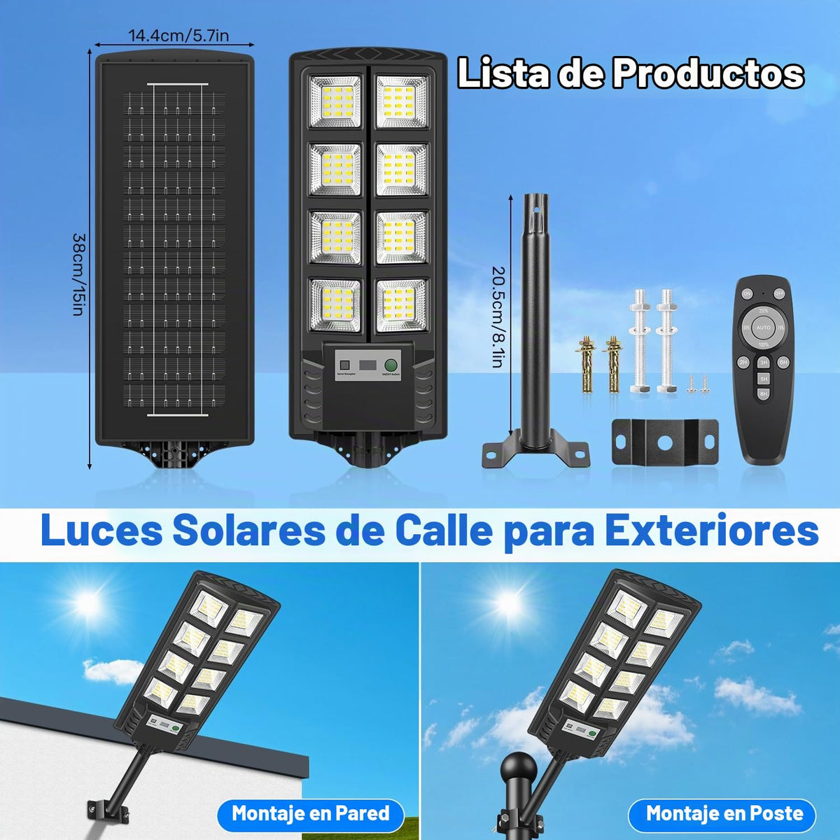 PEAKRO Farolas Solares Exteriores, 600W Potente Luz Solare Exterior con Sensor de Movimiento,Control Remoto, 6500K LED Focos Solares Exterior Impermeable Lampara Solar para Jardín Garaje, 2 Paquete