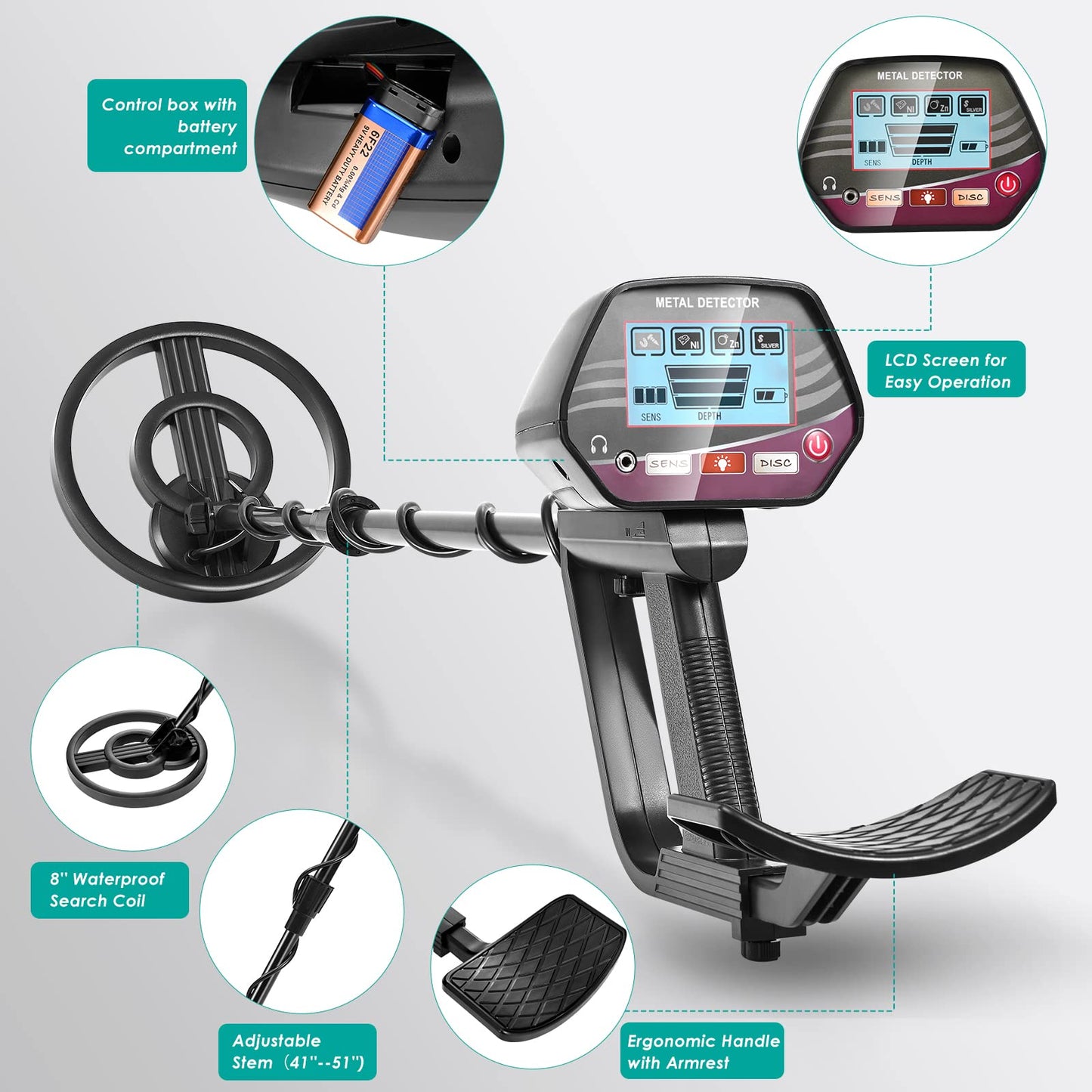 HIUYRFS Detector de Metales con 2 Baterías, Ajustable Longitud de 84-110 cm, Detector de Metales Impermeable de Alta precisión con Pantalla LCD para niños y Adultos