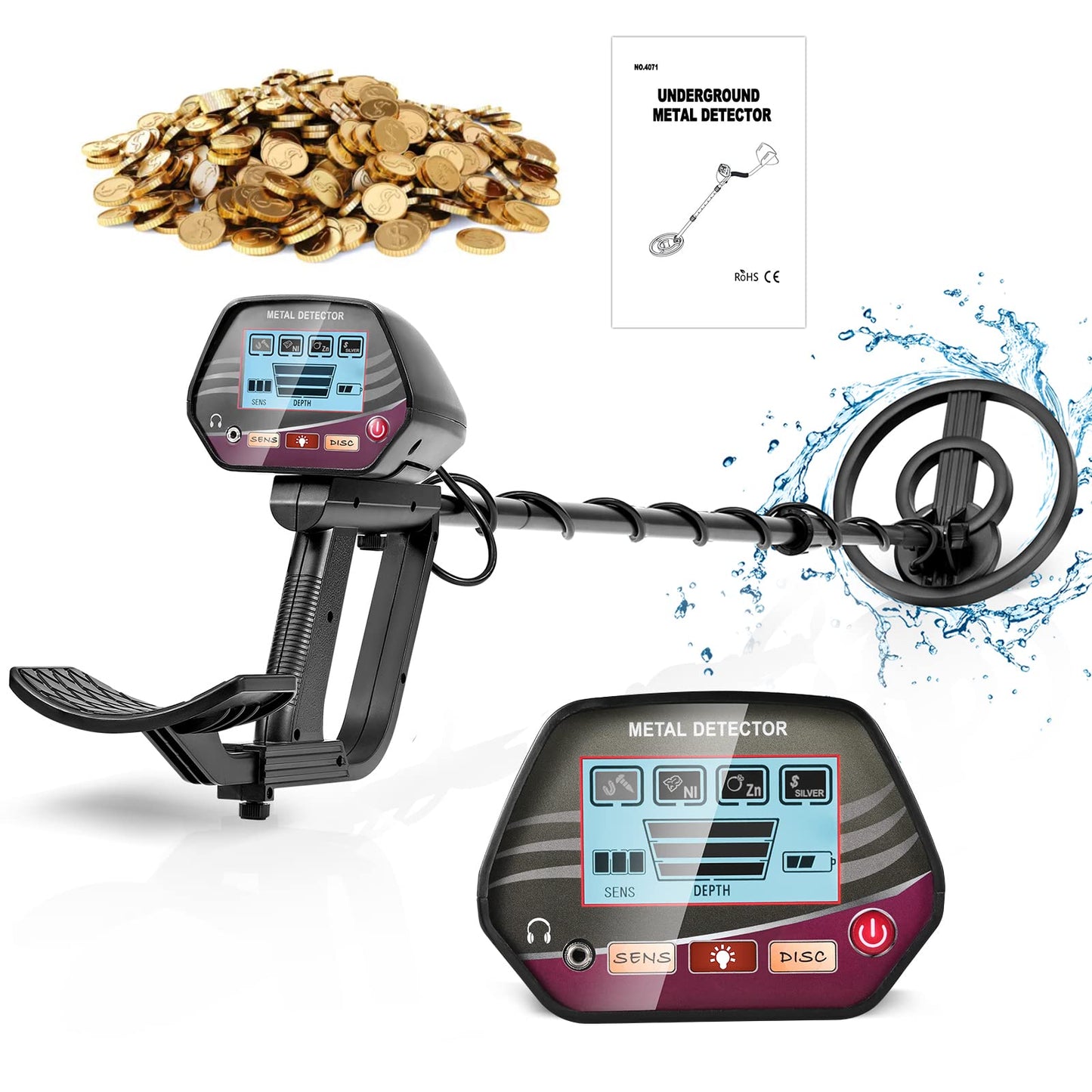 HIUYRFS Detector de Metales con 2 Baterías, Ajustable Longitud de 84-110 cm, Detector de Metales Impermeable de Alta precisión con Pantalla LCD para niños y Adultos