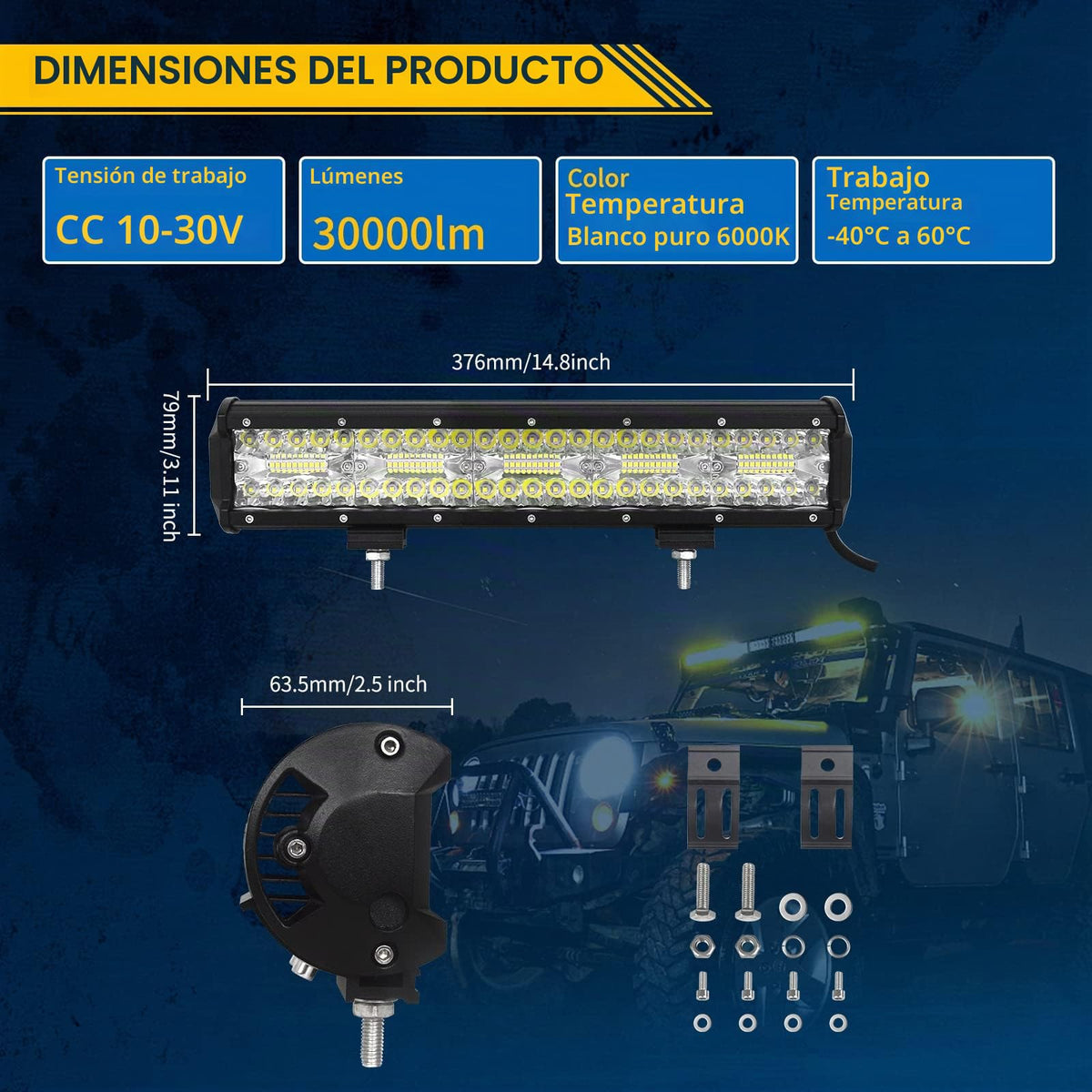 Willpower Barra LED 4x4 15" 300W + Focos LED Tractor 4" 12V 24V, Cableado