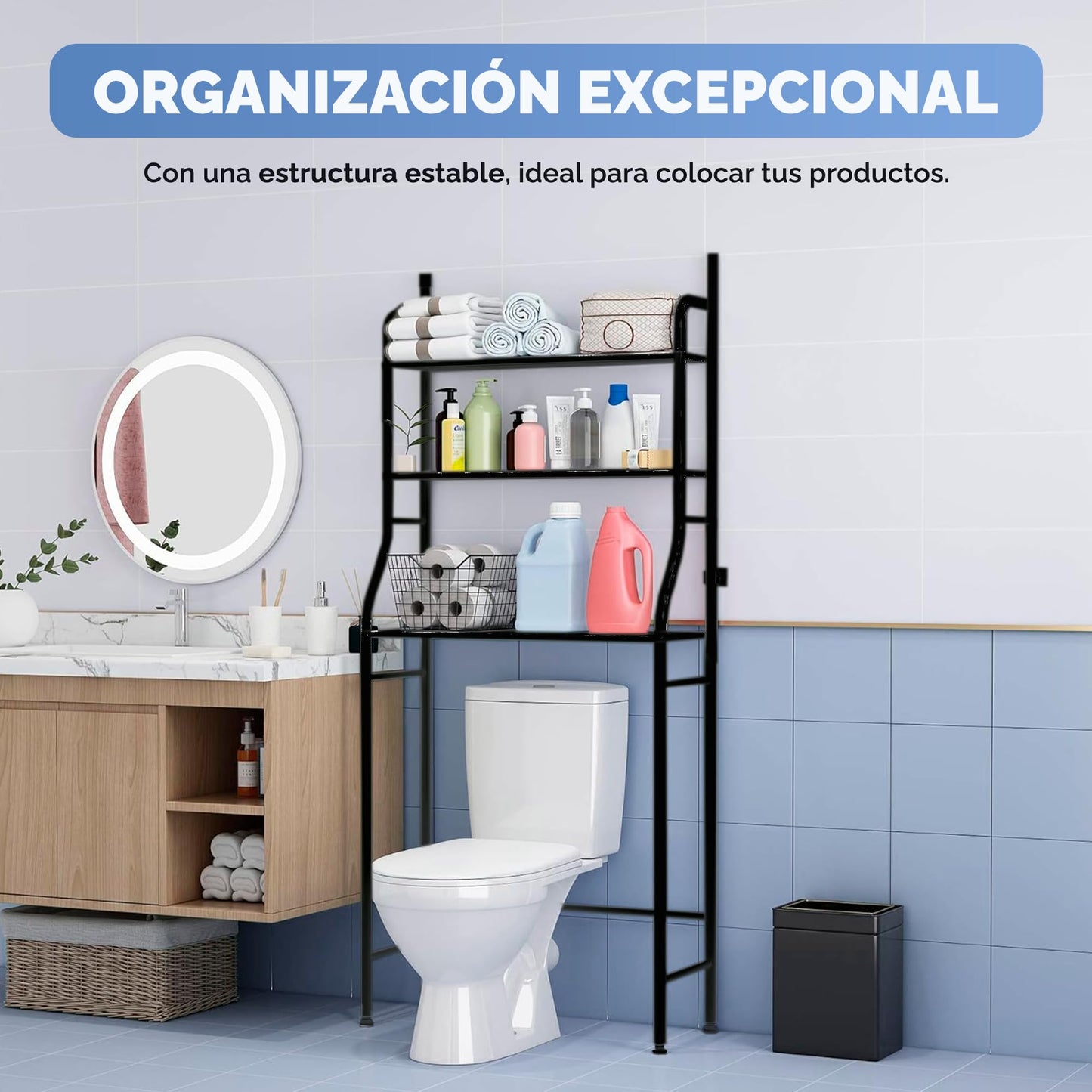 JUPPLIES Estanteria Baño sobre Inodoro (47×26×153 cm) - Mueble Baño WC de 3 Niveles con Patas Regulables y Soporte Antivuelco - Estante de Almacenamiento Impermeable, Organizador para Toallas - Negro