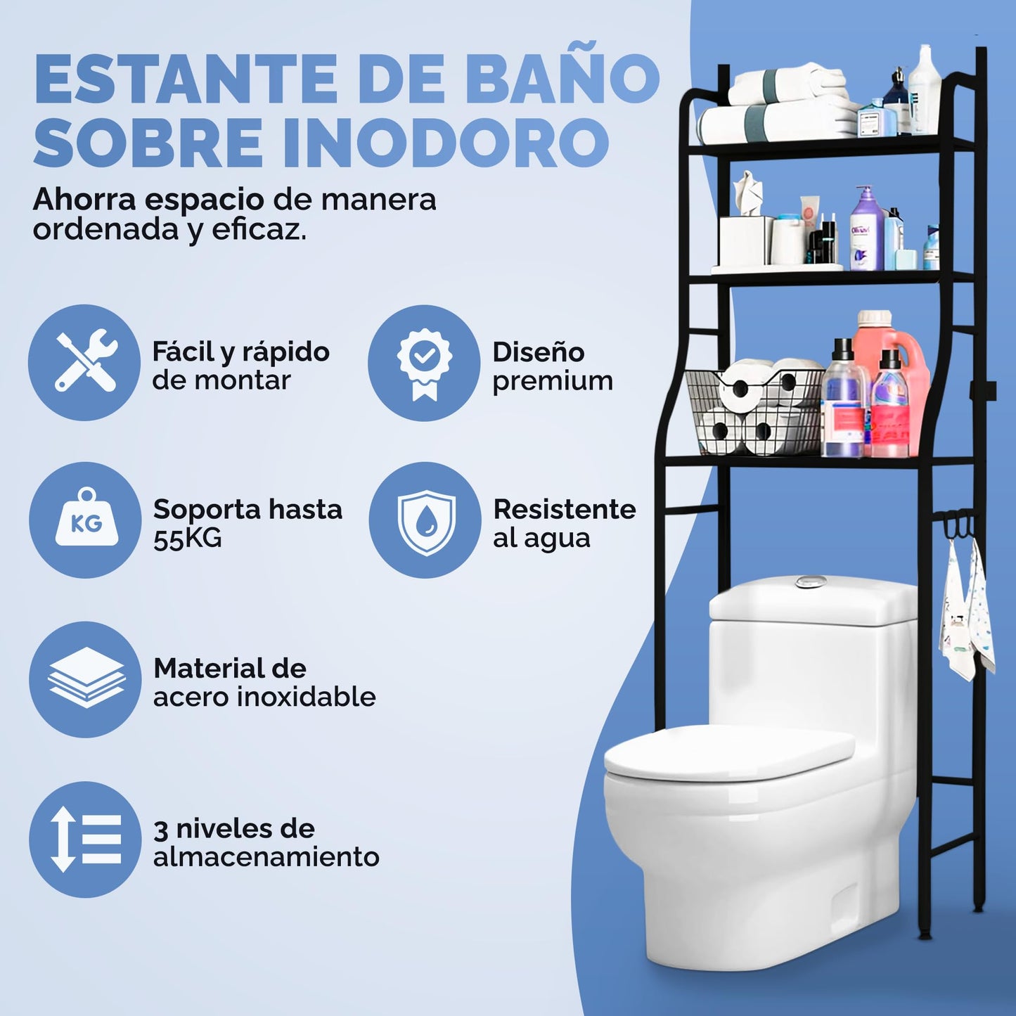 JUPPLIES Estanteria Baño sobre Inodoro (47×26×153 cm) - Mueble Baño WC de 3 Niveles con Patas Regulables y Soporte Antivuelco - Estante de Almacenamiento Impermeable, Organizador para Toallas - Negro