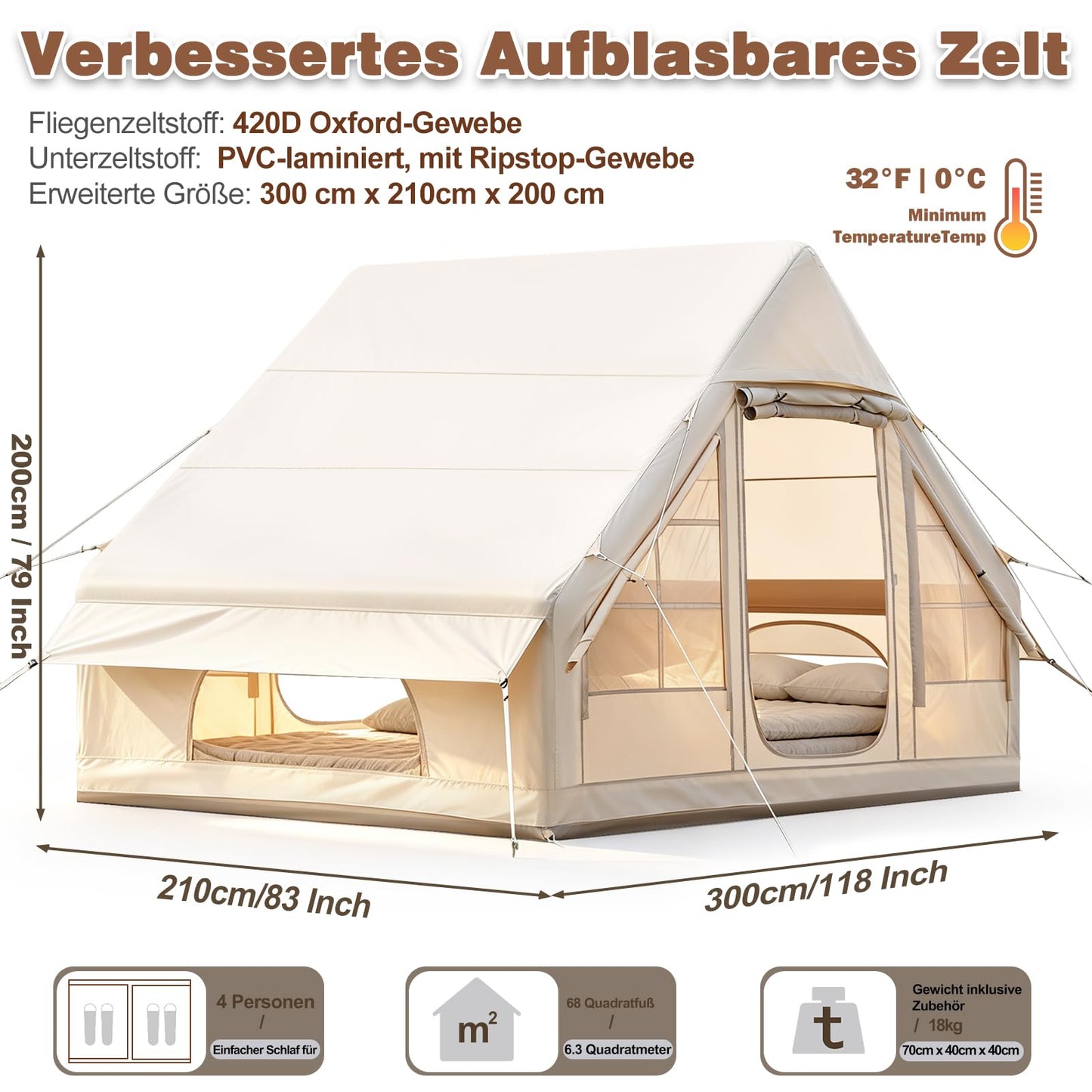 Tienda de campaña Inflable con Apertura de Chimenea y tragaluz, Tienda de campaña para 2-8 Personas con Bomba de Aire, Tienda Inflable de Tela Oxford Impermeable para 4 Estaciones, Montaje rápido