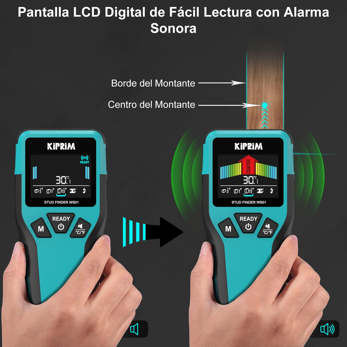 KIPRIM Detector De Pared 5 En 1, Metales Vigas Madera Y Cables AC IP54 LCD