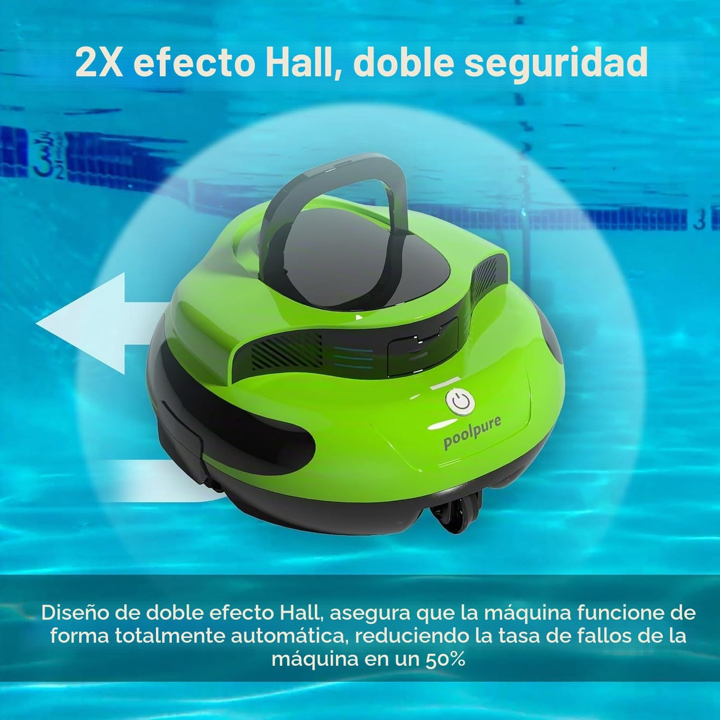 POOLPURE Robot de piscina, 100 minutos de tiempo de limpieza, 90㎡, motor doble, robot de piscina inalámbrico, indicadores LED, función de autoservicio, IPX8 impermeable, para piscinas planas