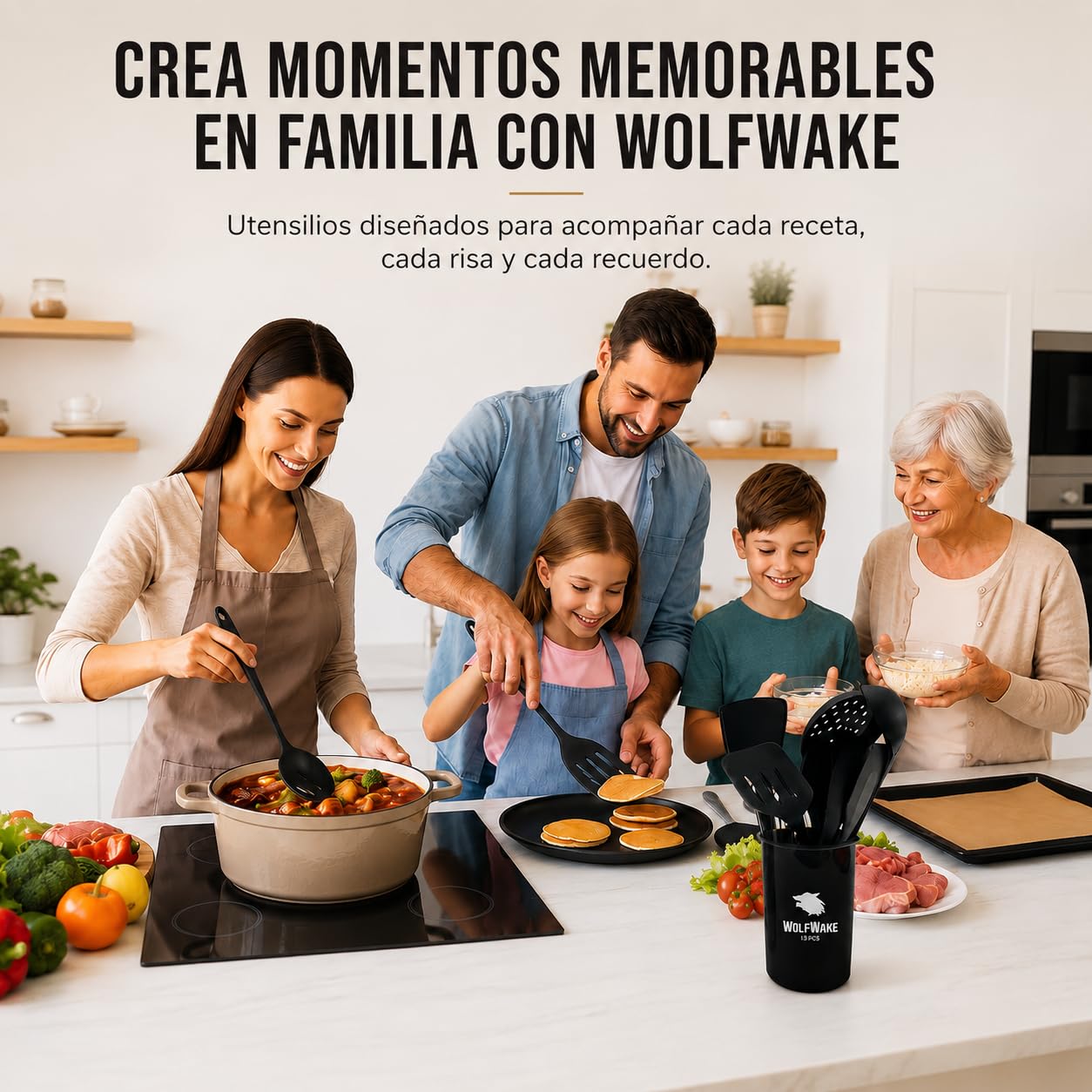 WOLFWAKE 13 Piezas Utensilios de Cocina de Silicona - Menaje de Cocina, Paletas de Cocina, Cucharones de Cocina, Pinzas de Cocina, Bote Utensilios Cocina, Resistentes al Calor y Antiadherente (Negro)