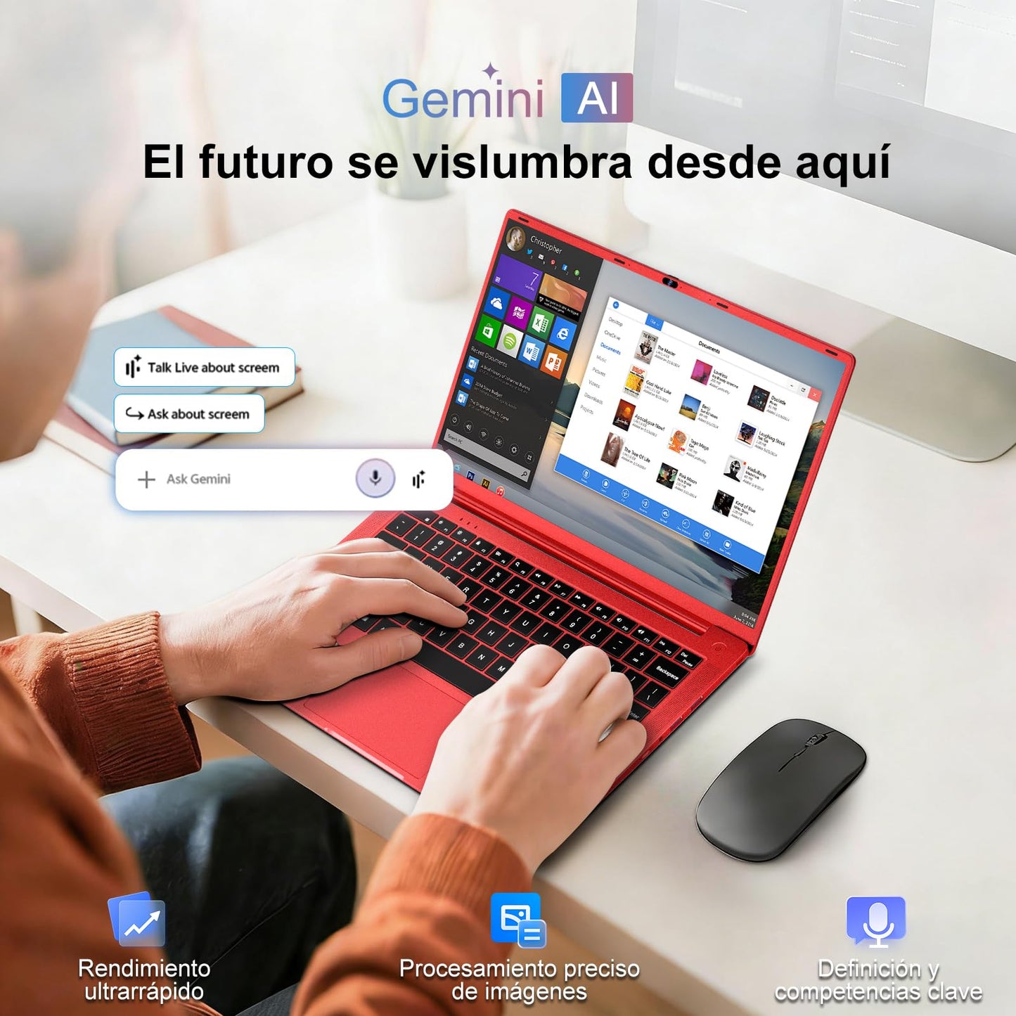 Ordenador Portátil 14 Pulgadas Celeron N5095 Upto 2,9 GHz Portatiles 8GB RAM 256GB SSD TF 1TB LPDDR4 Win11 5G WiFi 1920*1080 FHD mini HDMl Laptop Película Protectora Español - Rojo Cuerpo Metálico59