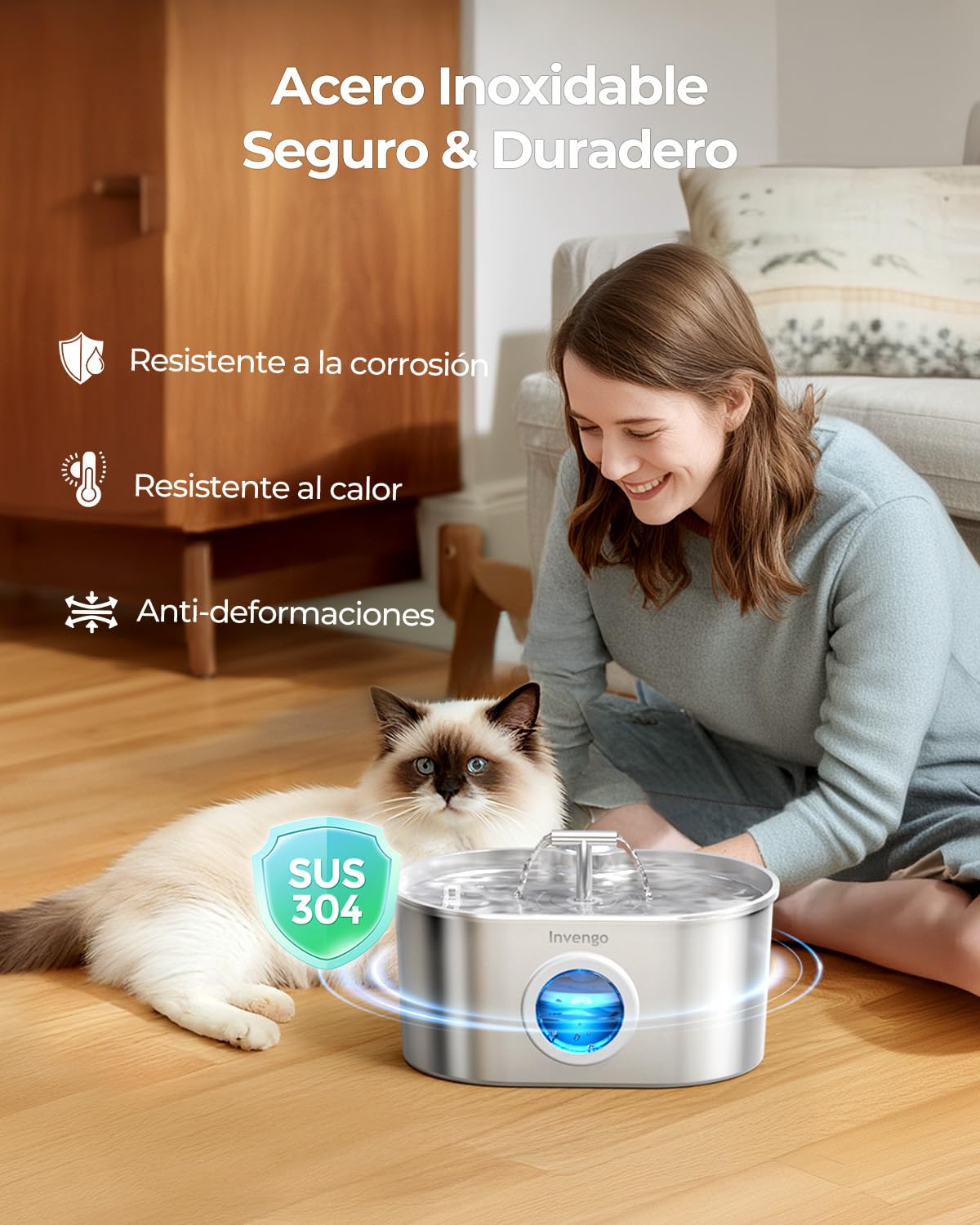 Fuente para Gatos Acero Inoxidable Invengo: Dispensador Automático de 2,2 L para Gatos y Perros, Fuente Silenciosa para Felinos con Filtro de 5 Capas, Salidas de Agua Dobles- 4 Filtros + 4 Esponjas