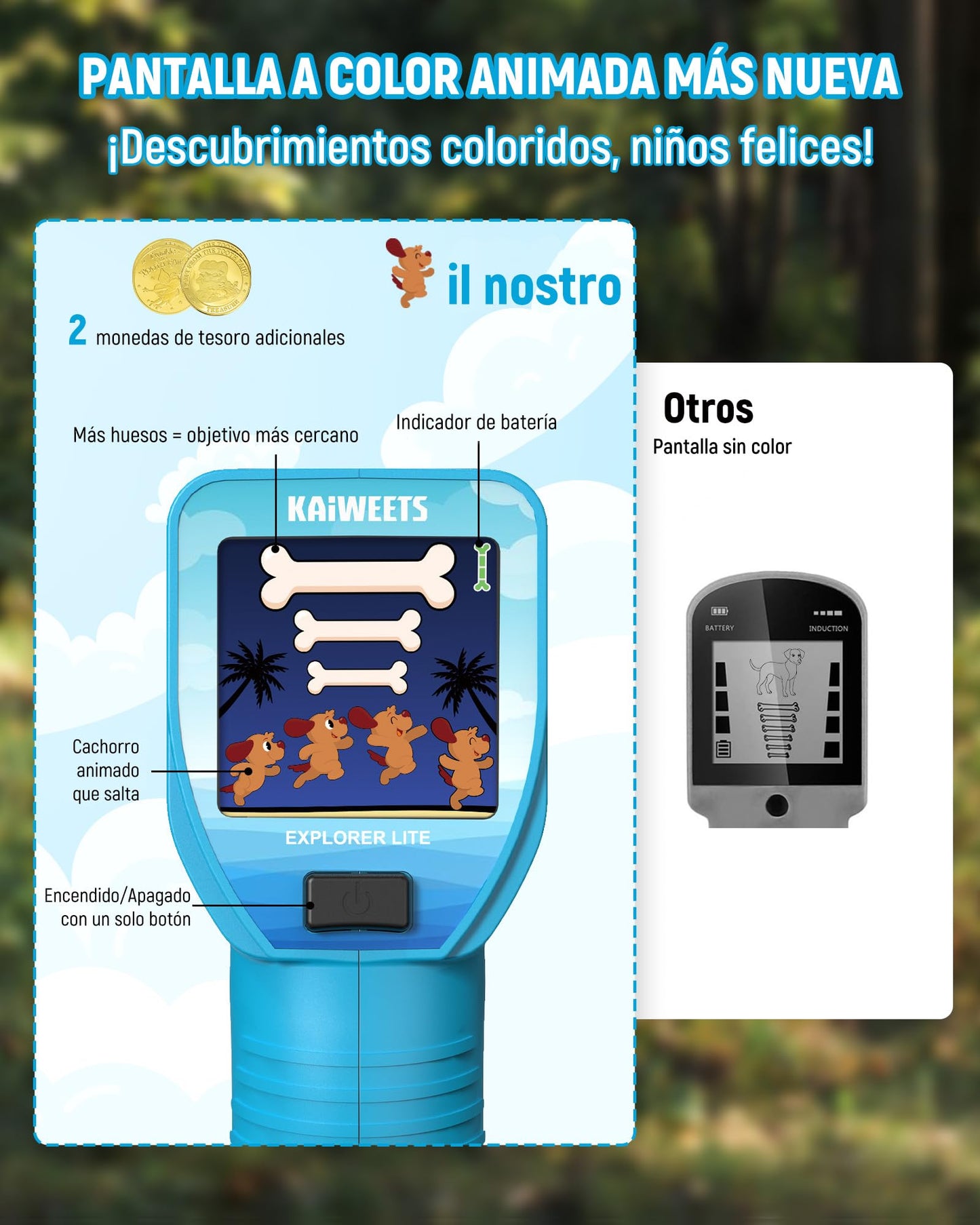 KAIWEETS Détecteur de Métaux 2025 Bleu, Écran LCD Couleur Animé, Tige Légère et Réglable, Kit de Chasse au Trésor Complet avec Sac à Dos, Pelle, Râteau & Pièces Bonus – Cadeau Parfait pour Noël, Anniv