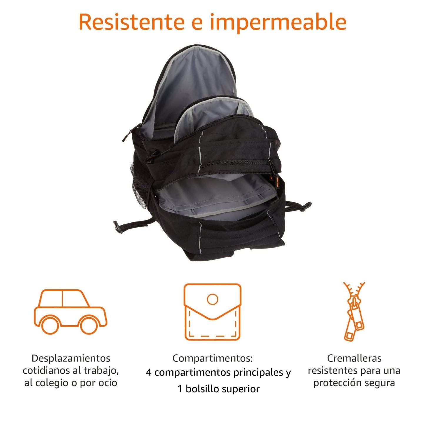 Amazon Basics Mochila, compatible con la mayoría de los ordenadores portátiles de 43.2cm, con tirantes acolchados y compartimentos de almacenamiento para bolígrafos, llaves y teléfono móvil, Negro