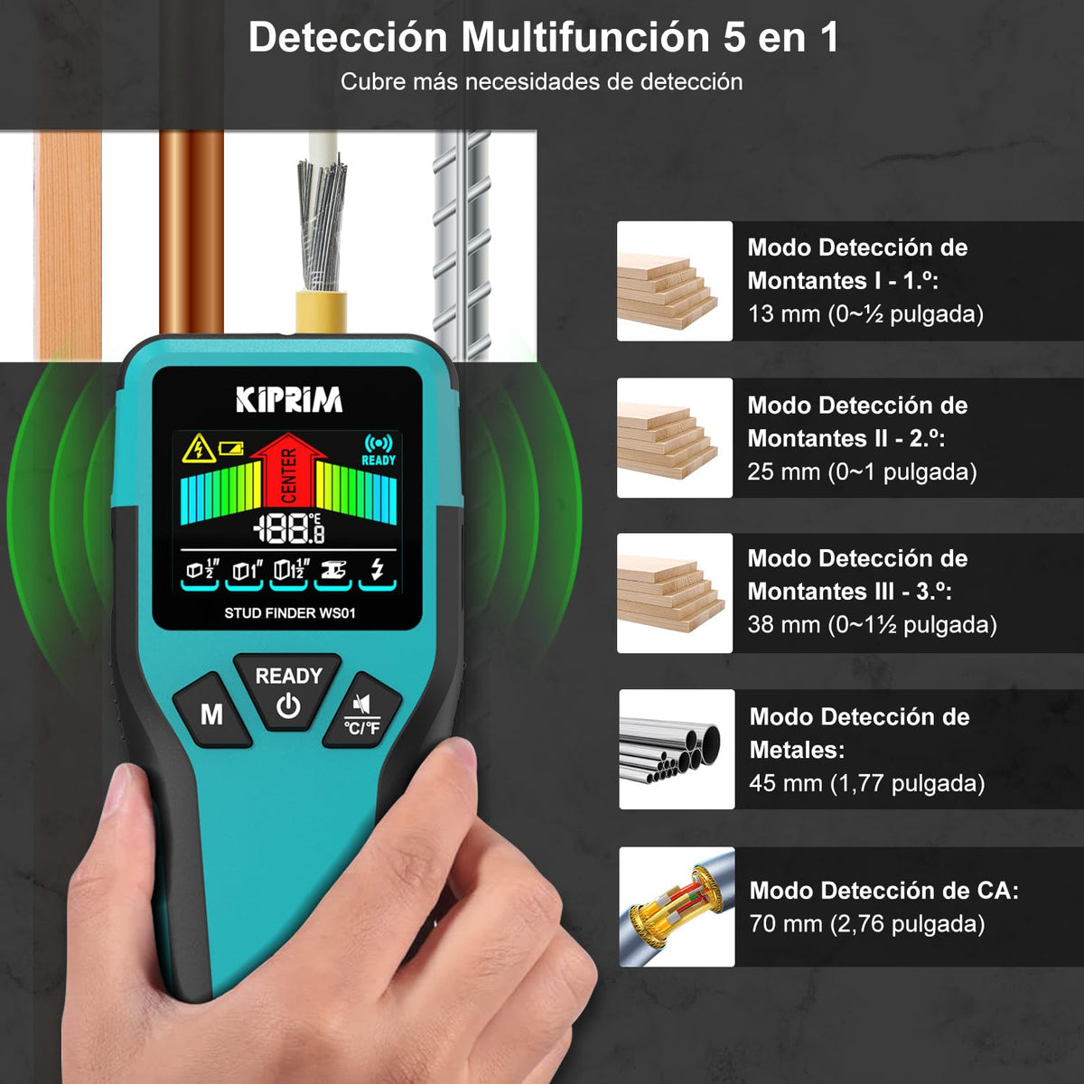 KIPRIM Detector De Pared 5 En 1, Metales Vigas Madera Y Cables AC IP54 LCD