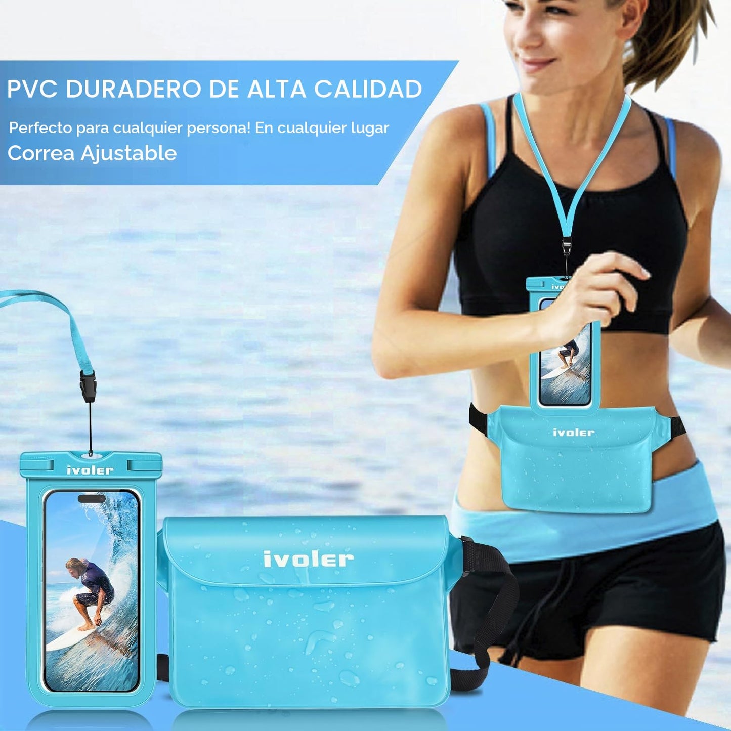 ivoler Set de Bolsa Impermeable con Riñonera de Cintura y Funda Móvil para Playa Natación Canotaje Pesca, Protección para Teléfono Móvil, Cámara, Documento, Pasaporte (Azul menta)