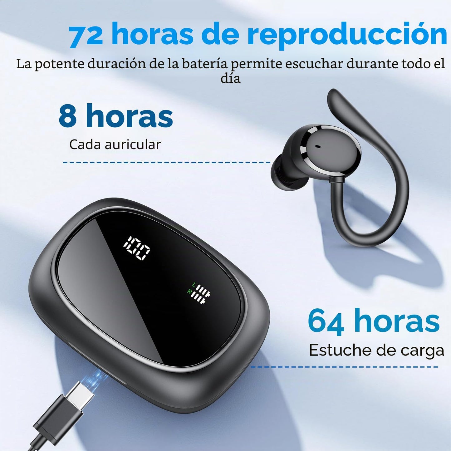 Auriculares Inalambricos Deportivos, Auriculares Bluetooth 5.3 con 4 HD Mic, 72H Cascos Inalambricos Bluetooth con Cancelacion Ruido ENC, Auriculares Inalambricos IPX7 Impermeable, USB-C, Pantalla LED