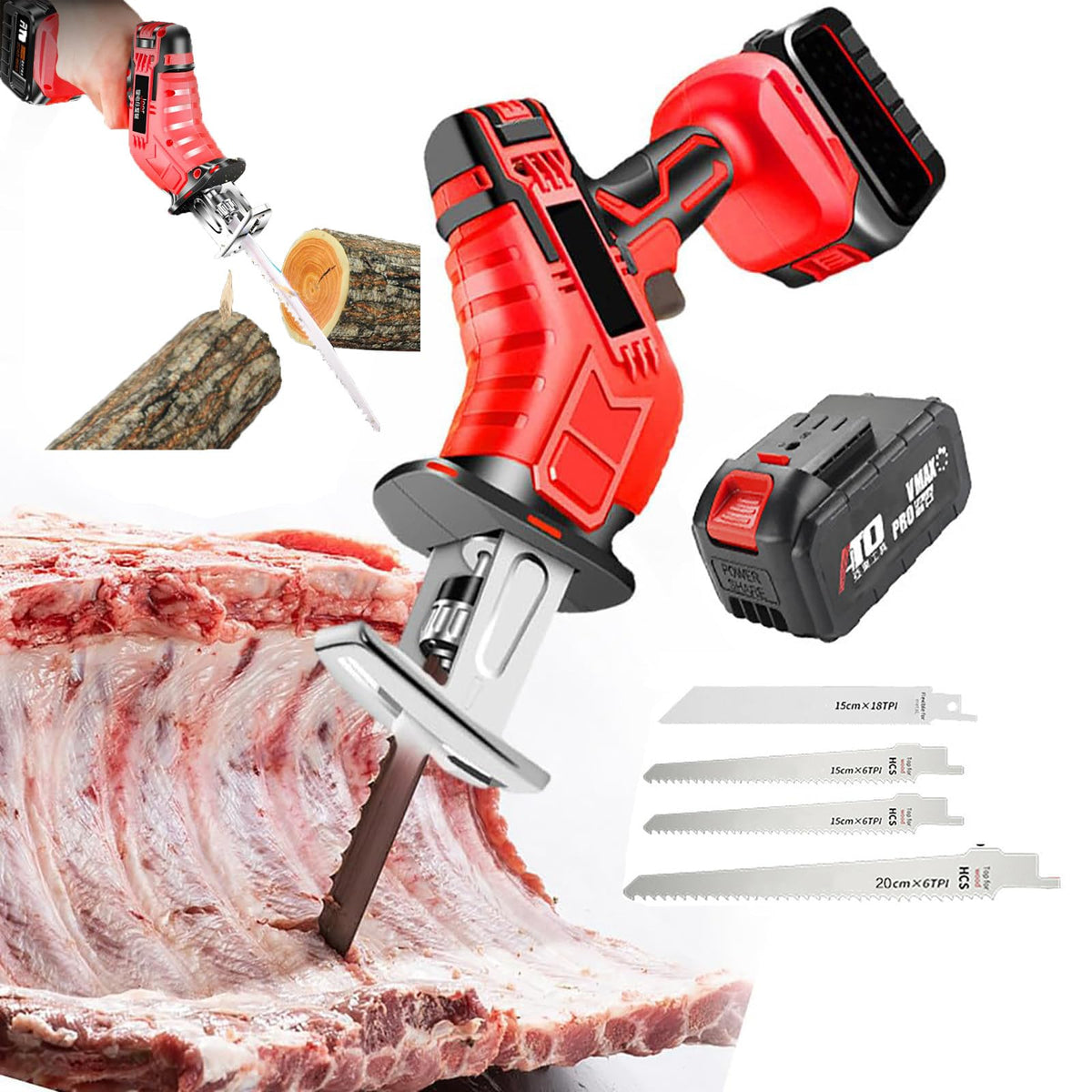 Sierra EléCtrica De Mano Para Huesos - Luz Led + 4 Hojas De Sierra, Sierra Alternativa InaláMbrica - BateríA De Litio De 6,0 Ah, Para Huesos, Carne, Madera, Metal, PláStico