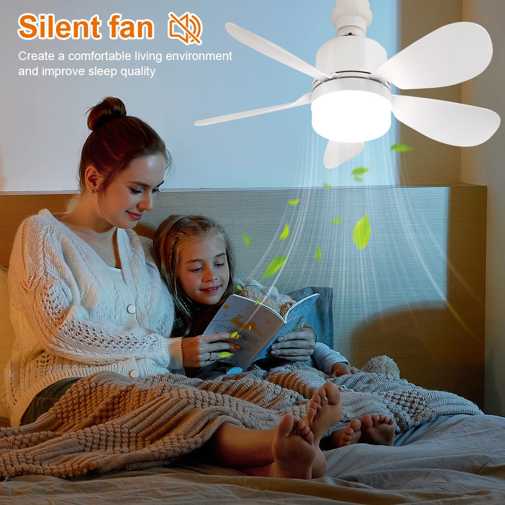 Ventilador de techo con luz y mando a distancia | 52cm/42cm Ventiladores de techo con luces casquillo E27 | Bombilla LED regulable con temporizador silencioso para dormitorio