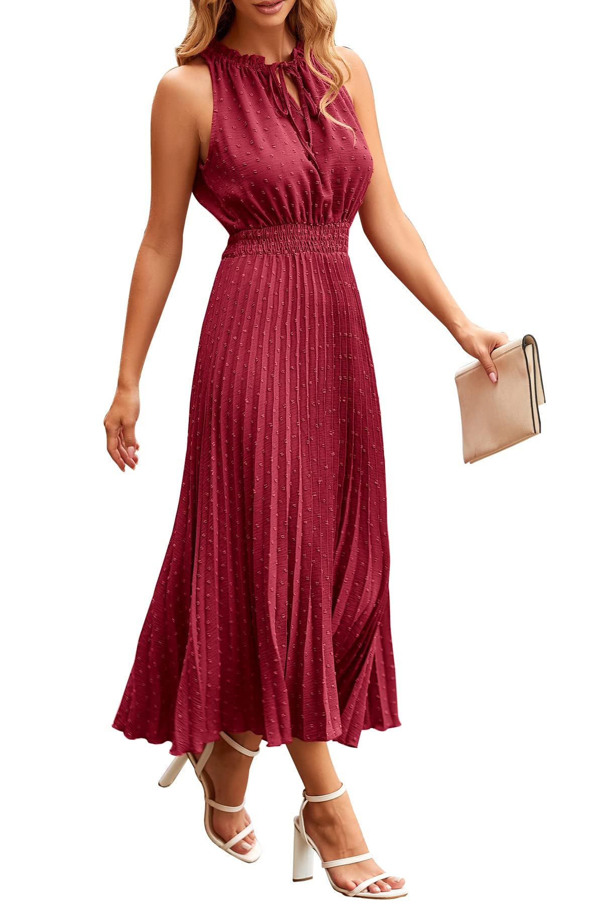 QUNERY Vestidos Verano Mujer Sin Mangas Vestido Largo Cuello en V Elegante Dress Volante de Lunares Suizos Elástica Cintura Alta Casual Rojo Oscuro M