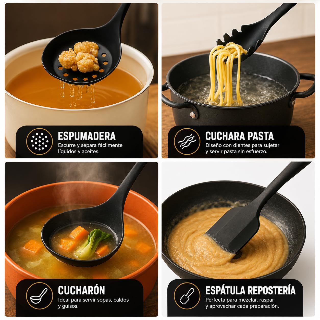 WOLFWAKE 13 Piezas Utensilios de Cocina de Silicona - Menaje de Cocina, Paletas de Cocina, Cucharones de Cocina, Pinzas de Cocina, Bote Utensilios Cocina, Resistentes al Calor y Antiadherente (Negro)