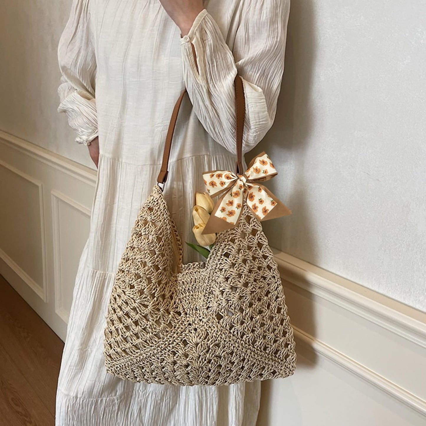 HTTDSLF Bolsos de Paja Mujer Verano, Elegante Bolso de Mano Bohemio, Práctico Bolso de Hombro Rafia para Mujer, Bolsos Tejidos Crochet, Tote Bag Para Viaje Fiesta Vacaciones