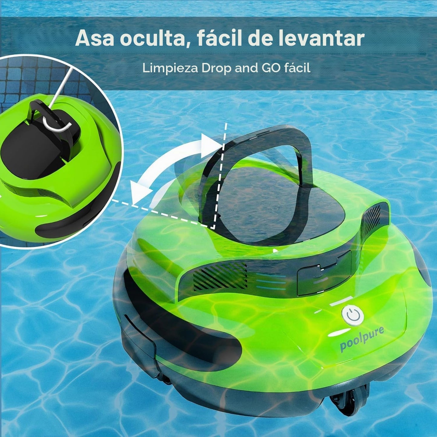 POOLPURE Robot de piscina, 100 minutos de tiempo de limpieza, 90㎡, motor doble, robot de piscina inalámbrico, indicadores LED, función de autoservicio, IPX8 impermeable, para piscinas planas