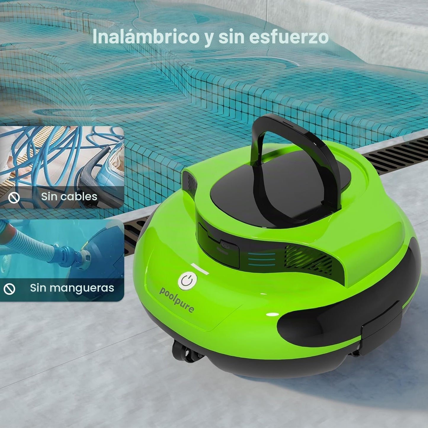 POOLPURE Robot de piscina, 100 minutos de tiempo de limpieza, 90㎡, motor doble, robot de piscina inalámbrico, indicadores LED, función de autoservicio, IPX8 impermeable, para piscinas planas