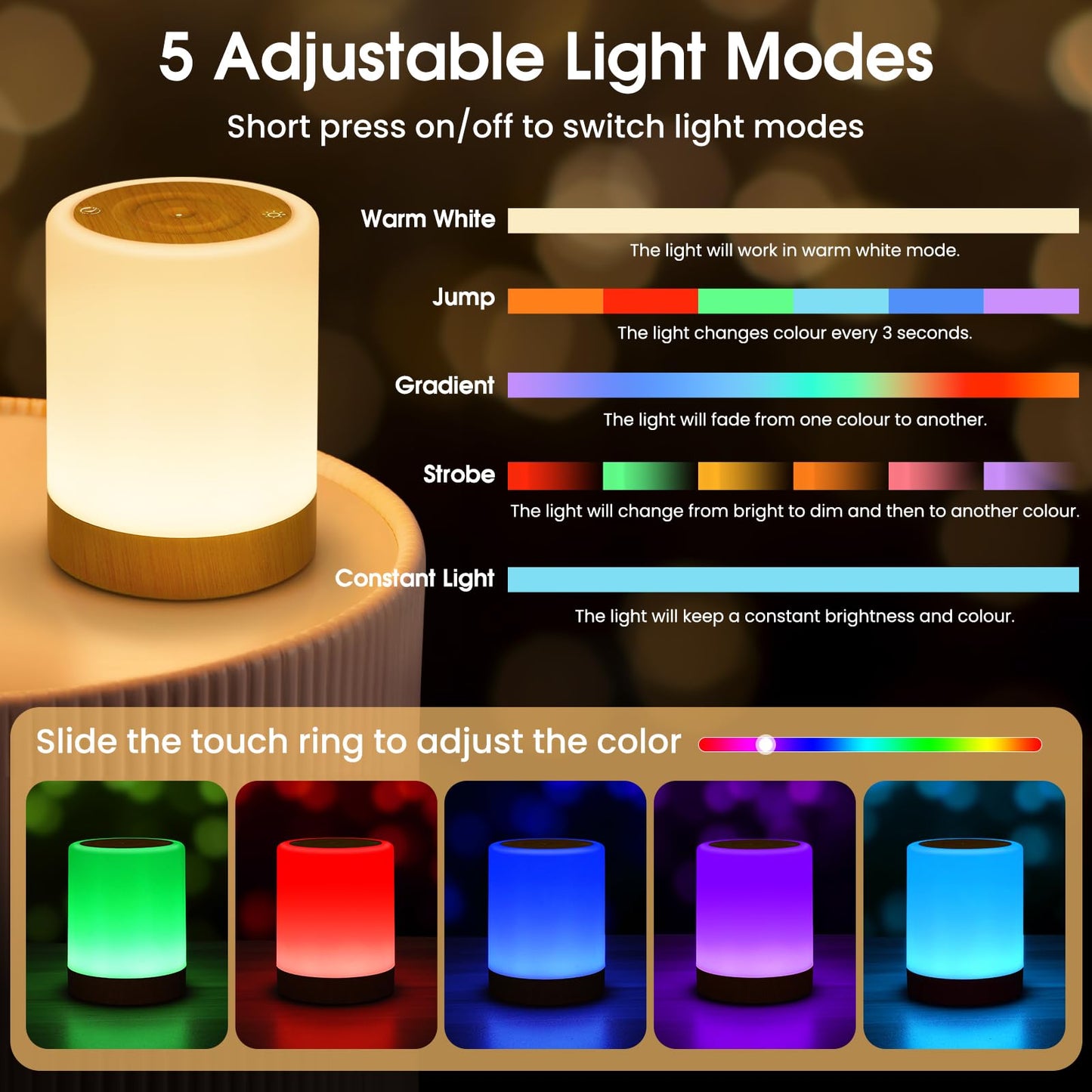 NIWOHOM Lamparas de Mesita de Noche, 256 RGB Color y 5 Modos,Recargable USB