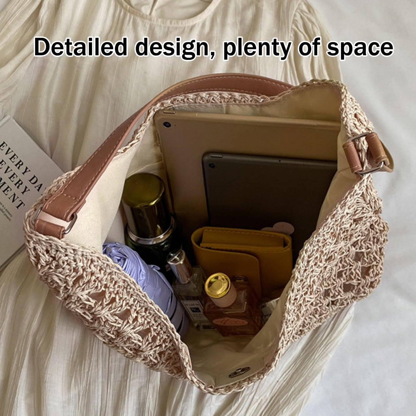 HTTDSLF Bolsos de Paja Mujer Verano, Elegante Bolso de Mano Bohemio, Práctico Bolso de Hombro Rafia para Mujer, Bolsos Tejidos Crochet, Tote Bag Para Viaje Fiesta Vacaciones