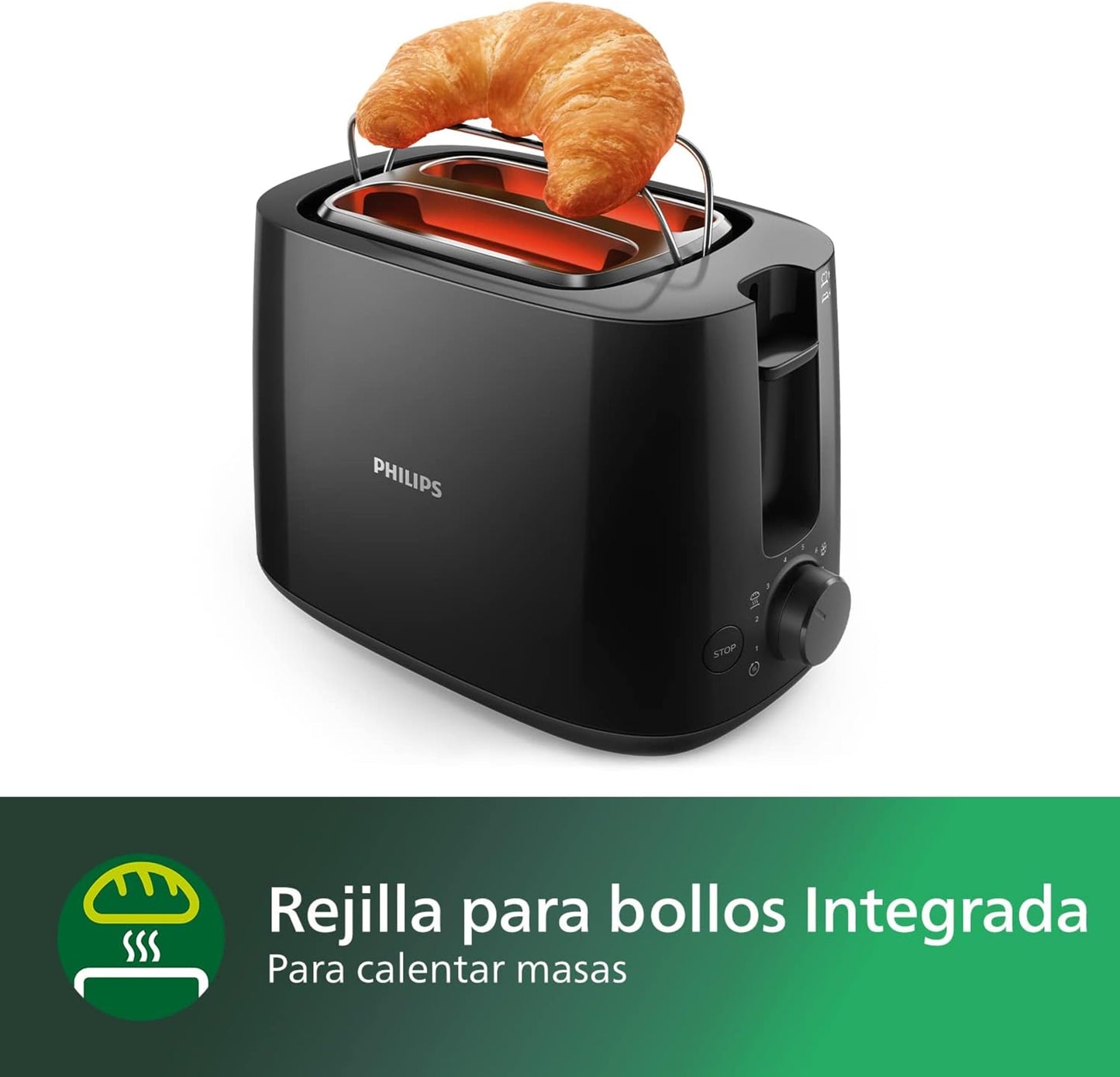 Philips Tostadora de pan 2 Ranuras, 8 Ajustes, Calientabollos, Negro