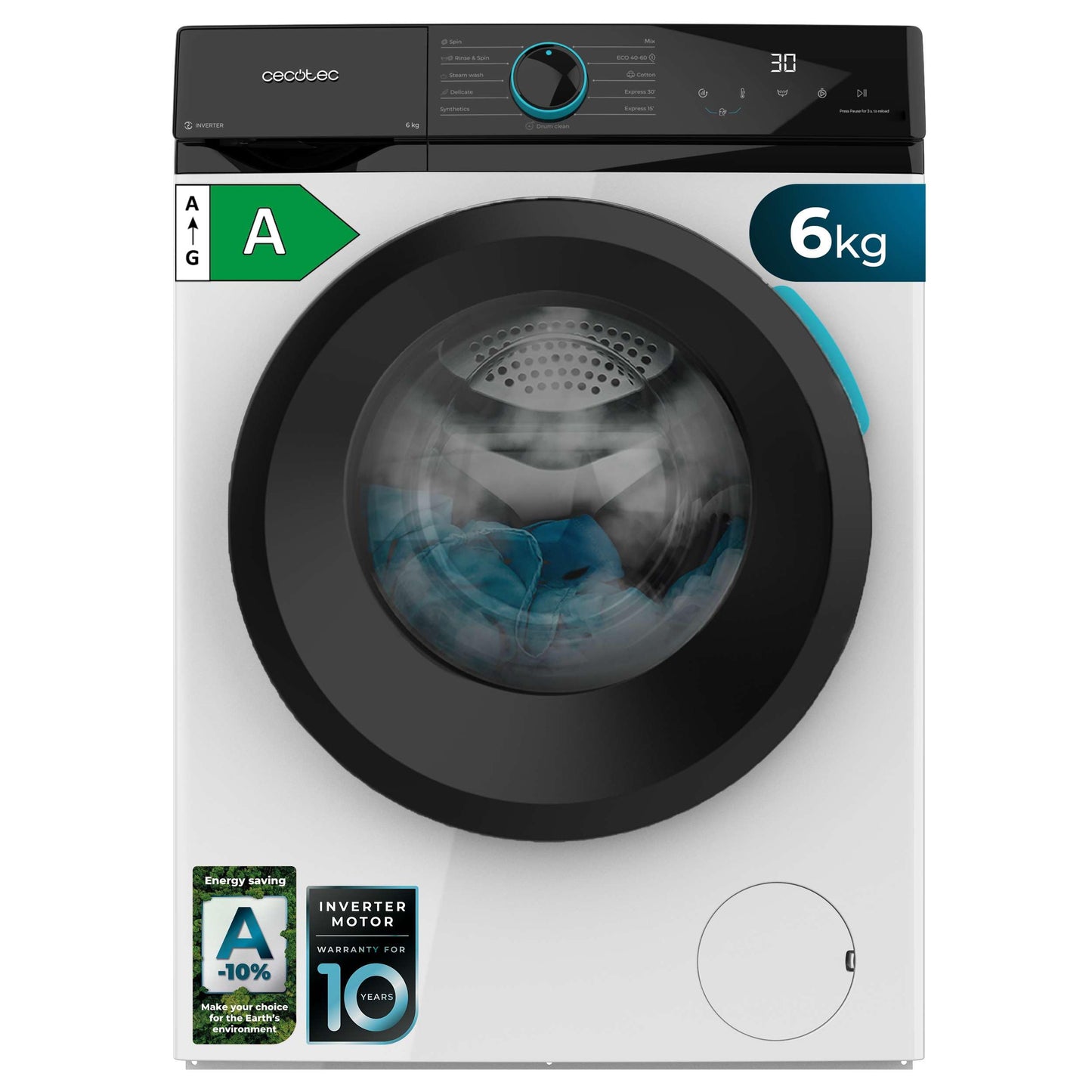 Cecotec Lavadora 6Kg Carga Frontal Bolero DressCode 6160 Inverter. 1200RPM, 11 Programas, Bajo Consumo, Motor Inverter Plus, Steam Max, Drum Clean, Programa Rápido 15', Panel con Display LED