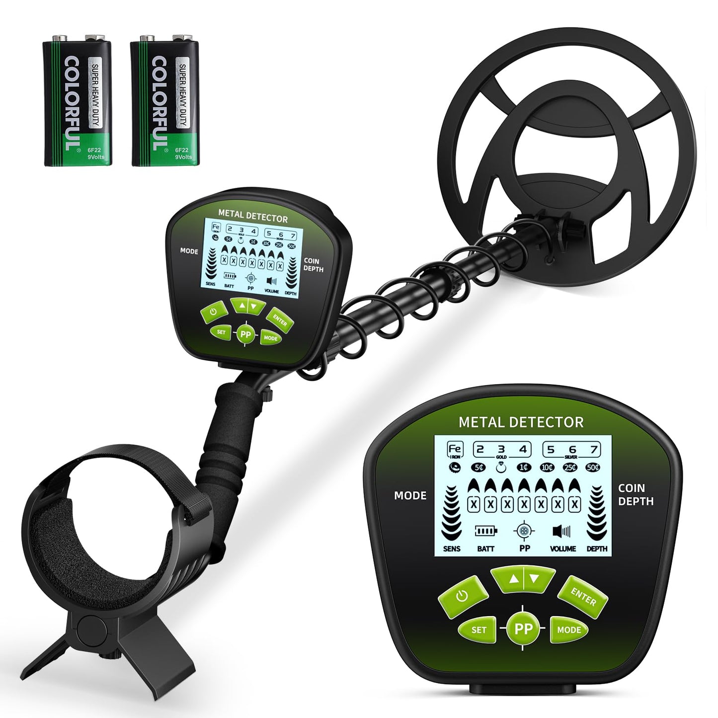 HIUYRFS Detector de Metales Profesional para Adultos y Niños, Longitud Ajustable (113-141 cm), Set de Detector de Metales con Bobina de Búsqueda Resistente al Agua IP68 (Verde)
