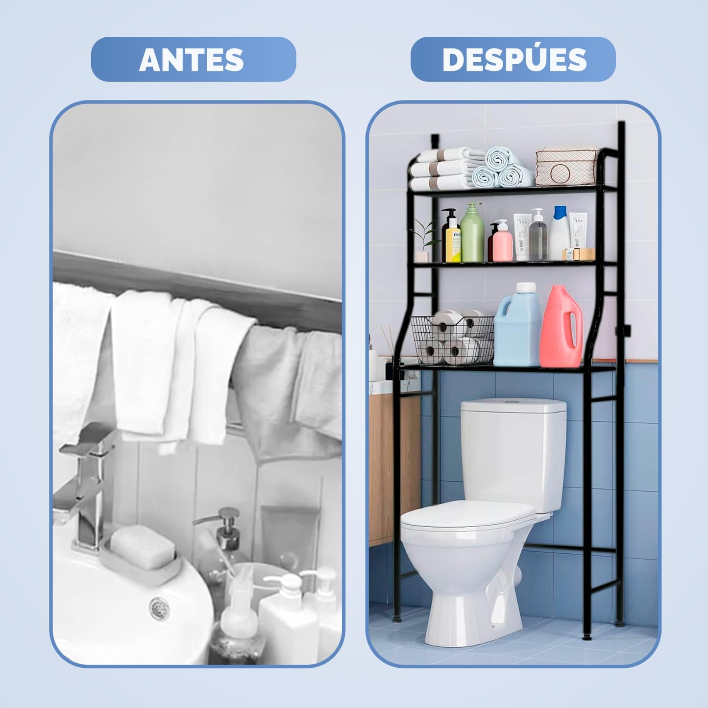 JUPPLIES Estanteria Baño sobre Inodoro (47×26×153 cm) - Mueble Baño WC de 3 Niveles con Patas Regulables y Soporte Antivuelco - Estante de Almacenamiento Impermeable, Organizador para Toallas - Negro