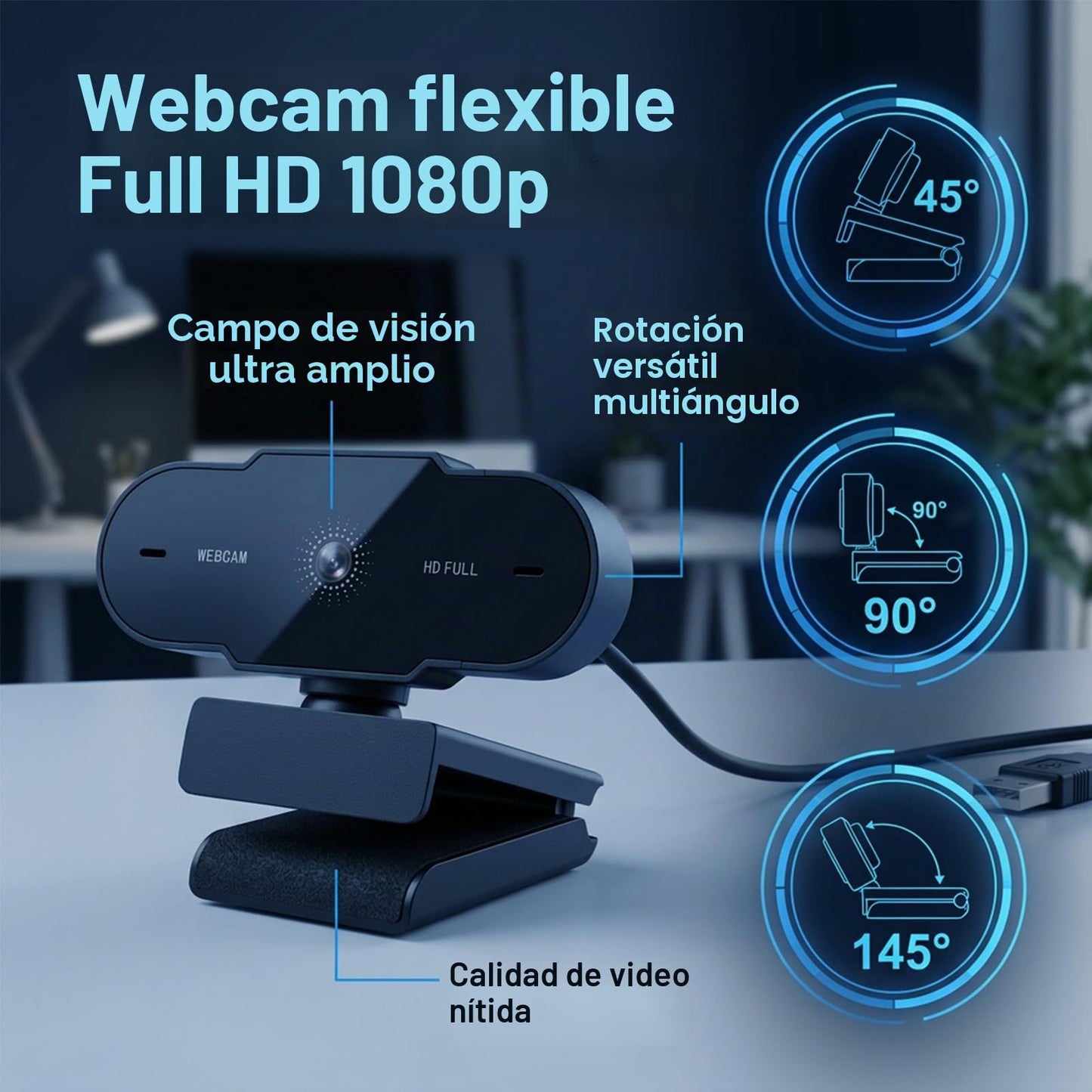 Webcam Full HD 1080P 30FPS,Anti-Ruido Soporte Giratorio 360° Ajustable