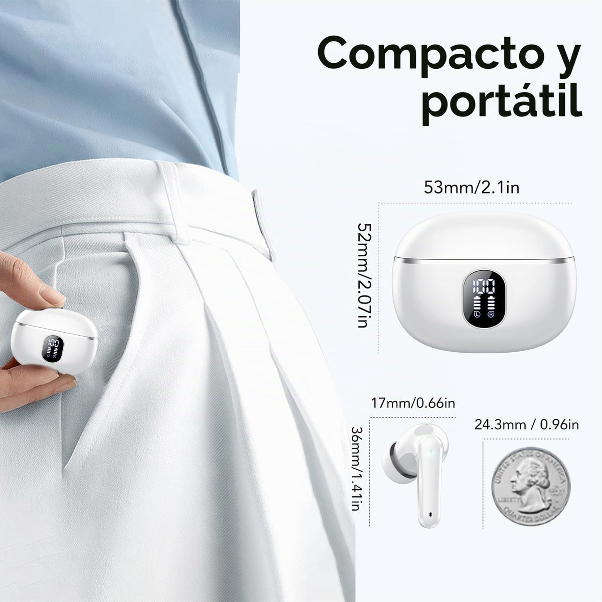 Auriculares Inalámbricos Bluetooth, Auriculares Bluetooth 5.4, 4 HD Mic con Reducción de Ruido ENC, 50H con HiFi Graves, Cascos Inalambricos Bluetooth Deportivos IP7 Impermeable, Ajuste Cómodo Blanco