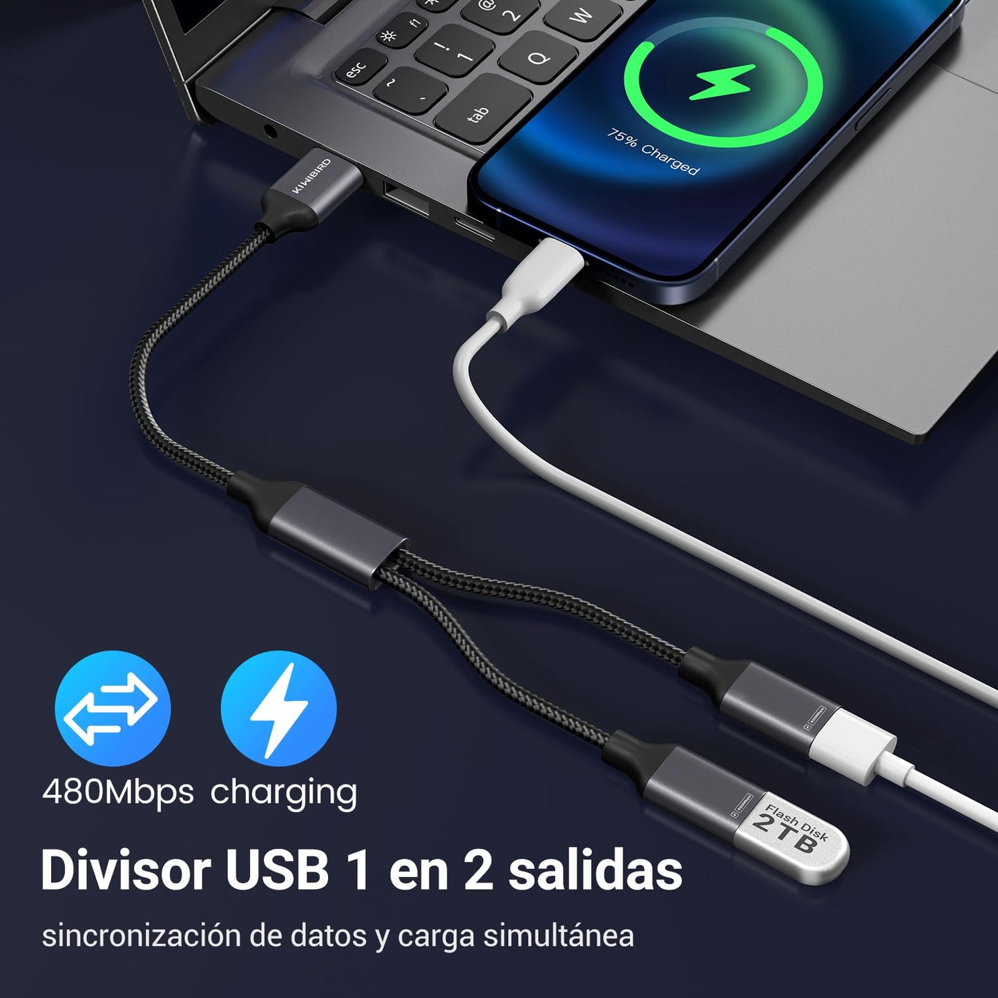 KiwiBird duplicador USB splitter 1 en 2 salidas, adaptador USB doble entrada hembra, cable divisor alimentacion cargador para carga y datos, HUB compatible con PC Mac PS5 PS4 Xbox One X S
