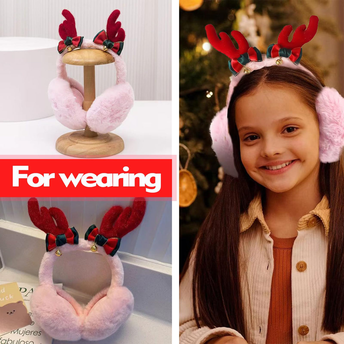 KALUROIL Orejeras para Niñas - Orejeras Térmicas de Felpa para Mujer - Protección contra el Viento - Diseño Moderno - Regalo de San Valentín para Damas y Niñas(Alce con Purpurina)
