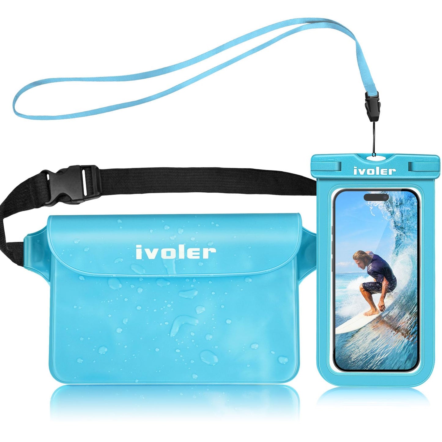 ivoler Set de Bolsa Impermeable con Riñonera de Cintura y Funda Móvil para Playa Natación Canotaje Pesca, Protección para Teléfono Móvil, Cámara, Documento, Pasaporte (Azul menta)