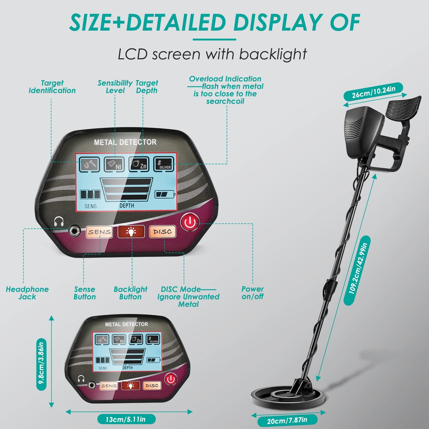 HIUYRFS Detector de Metales con 2 Baterías, Ajustable Longitud de 84-110 cm, Detector de Metales Impermeable de Alta precisión con Pantalla LCD para niños y Adultos