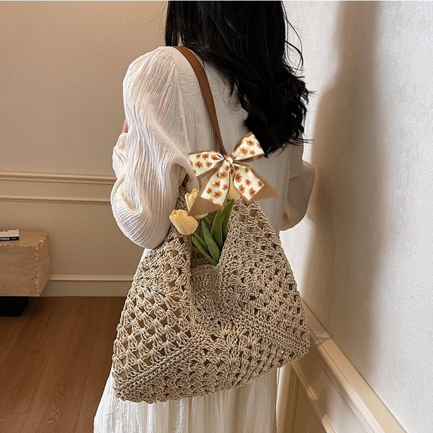 HTTDSLF Bolsos de Paja Mujer Verano, Elegante Bolso de Mano Bohemio, Práctico Bolso de Hombro Rafia para Mujer, Bolsos Tejidos Crochet, Tote Bag Para Viaje Fiesta Vacaciones