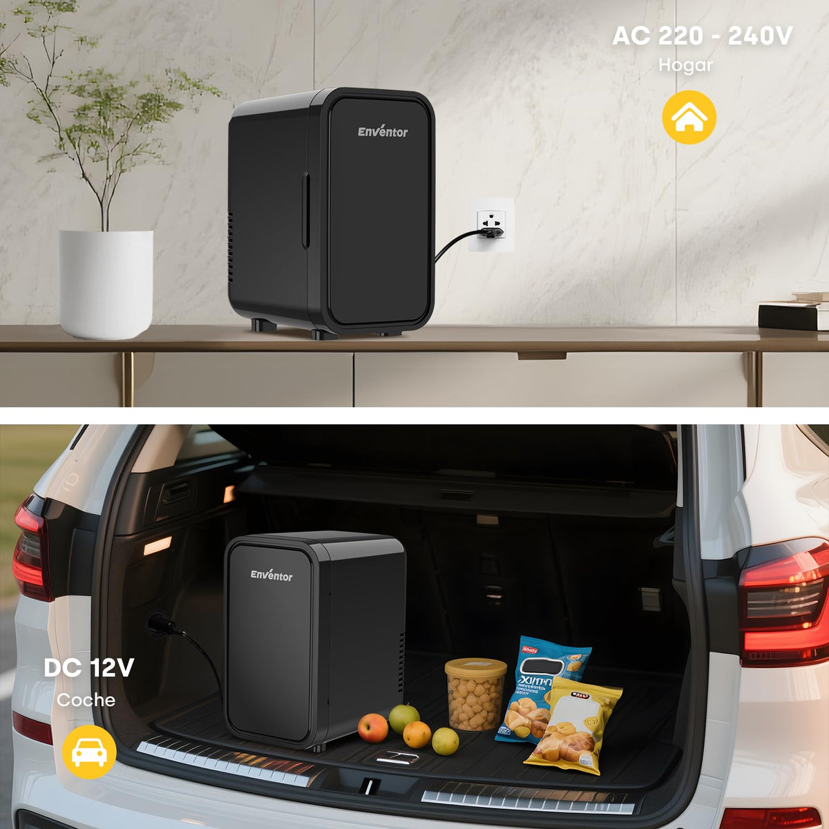Enventor Nevera Pequeña, 6L, 220–240V CA y 12V CC, Negro