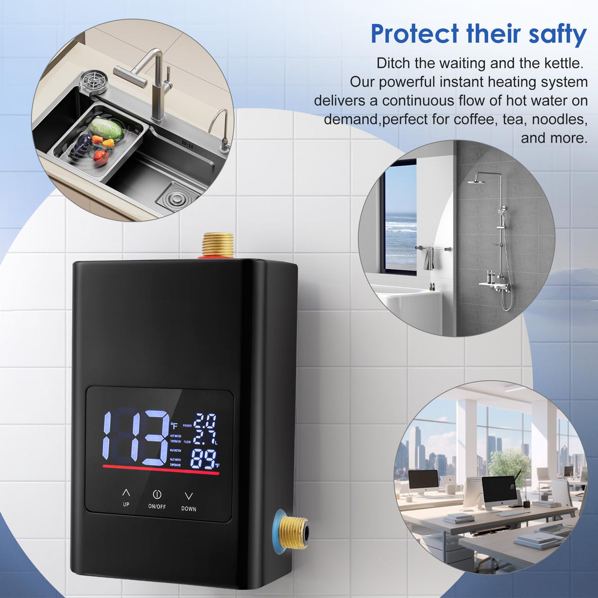 Eirolace Mini Calentador de Agua Eléctrico Instantáneo 6000W 220V, Calentador de Agua Instantáneo con Indicador de Temperatura y Mando a Distancia, Calentador de Agua IPX4 para Cocina, Ducha, Baño
