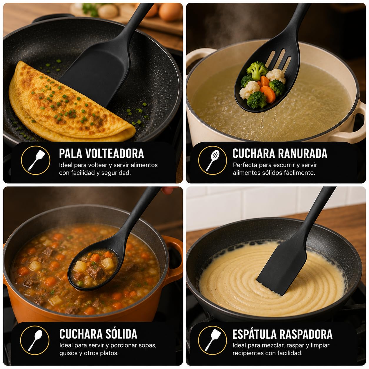 WOLFWAKE 13 Piezas Utensilios de Cocina de Silicona - Menaje de Cocina, Paletas de Cocina, Cucharones de Cocina, Pinzas de Cocina, Bote Utensilios Cocina, Resistentes al Calor y Antiadherente (Negro)