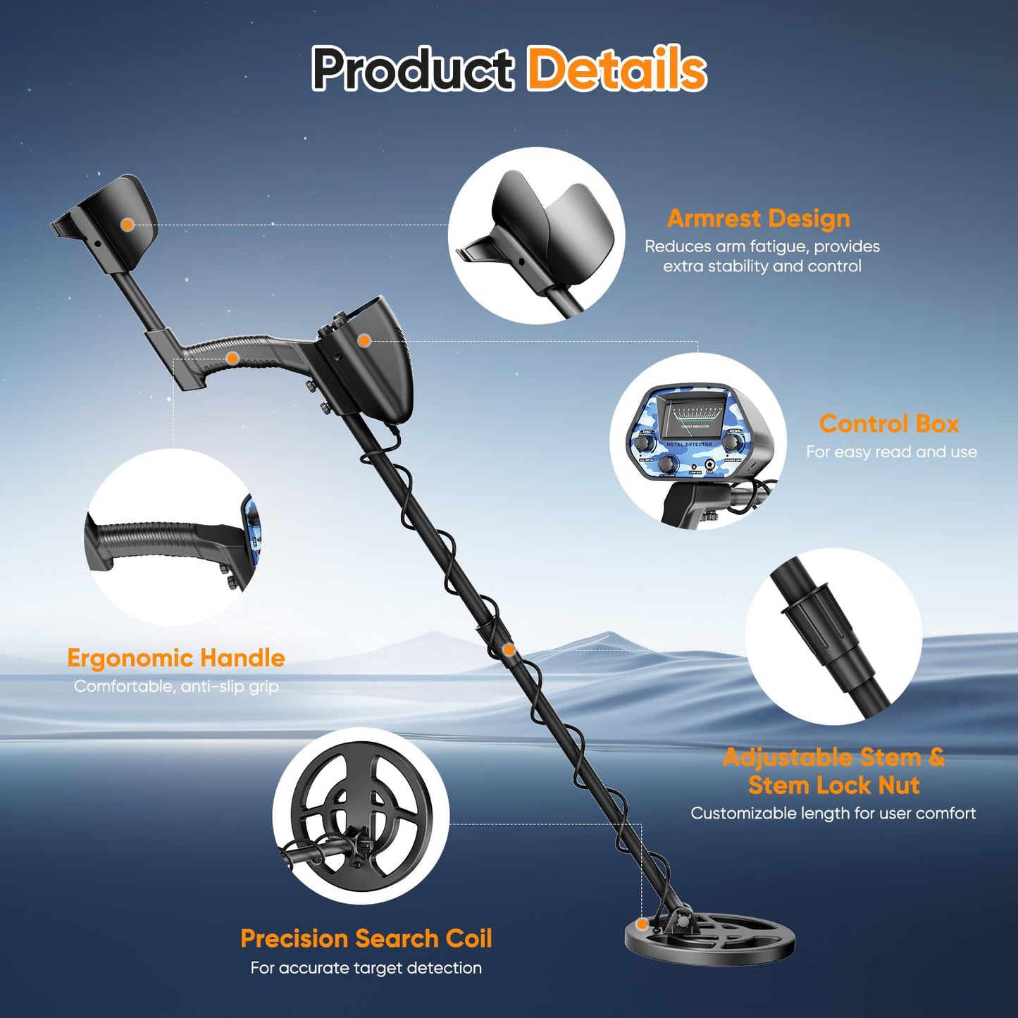 Detector de metales para adultos y niños, bobina impermeable IP68, detector de oro ajustable en altura 94-122cm, profundidad 18cm, diseño ligero para oro, monedas, búsqueda en playa(Azul-Negro (Juego)