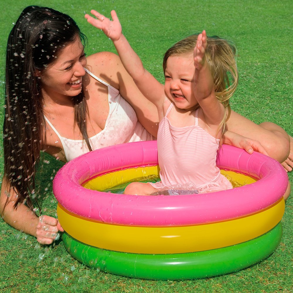 Intex 57107NP - Piscina Redonda hinchable 3 aros +base hinchable 61 x 22 cm, 28 l, Azul, rosa, verde, 1 a 3 años